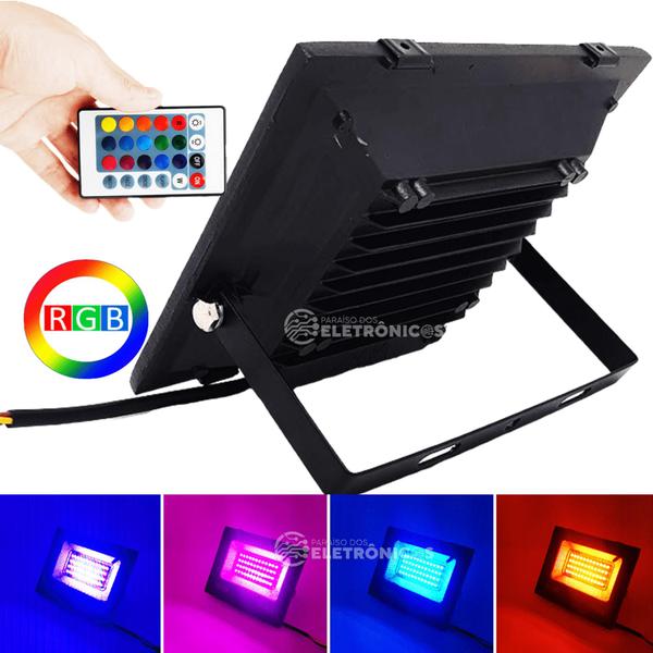 Imagem de Refletor Rgb 100W Led Holofote Com Controle Remoto 16 Opções De Cores Super Festa RERGB100W