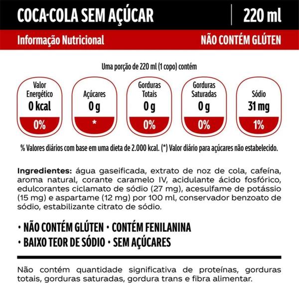 Imagem de Refrigerante Coca Cola Sem Açucar Lata 220Ml ( 12 Latas )