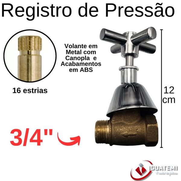 Imagem de Registro Chuveiro Pressão Padrão Metal Latão Ducha Acabamento Cromado Com Canopla 3/4" 25mm Iguatemi