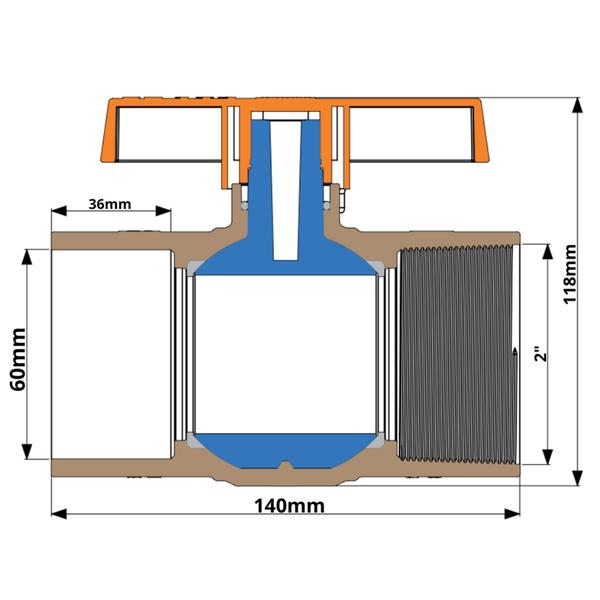 Imagem de Registro De Esferas De Solda X Rosca Pvc De Irrigação Com Bitola De 60mmx2" Com Sistema V.A.R 