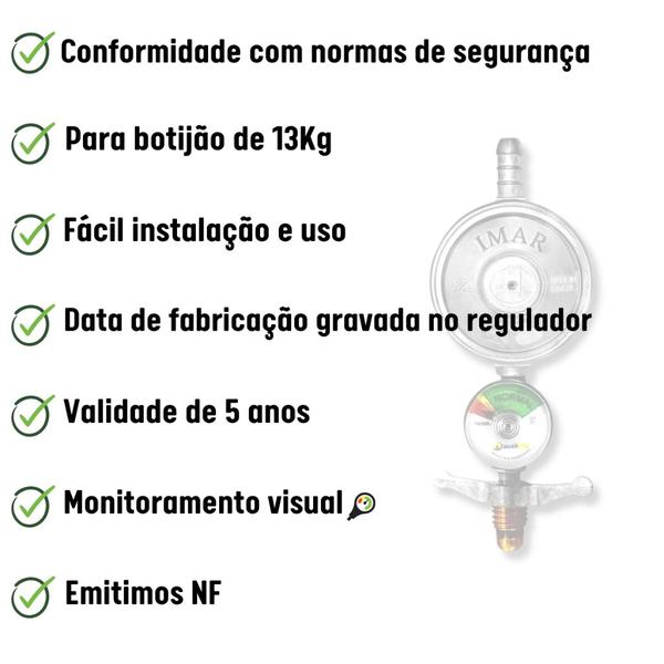 Imagem de Registro De Gas para Fogao Regulador com Mangueira de Cozinha Botijão 13Kg Com Manometro Visor para Forno com Abraçadeira