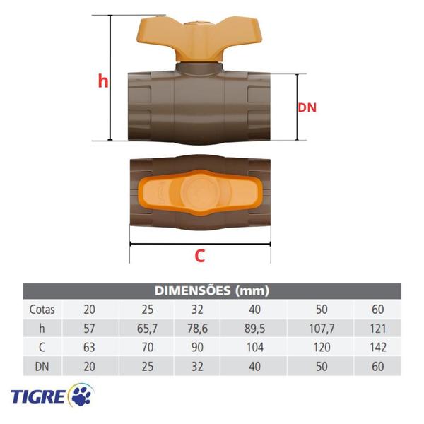 Imagem de Registro Esfera Compacto Soldável PVC Marrom Canos Tubos Água Fria De 1.1/4” Polegadas 40mm Tigre