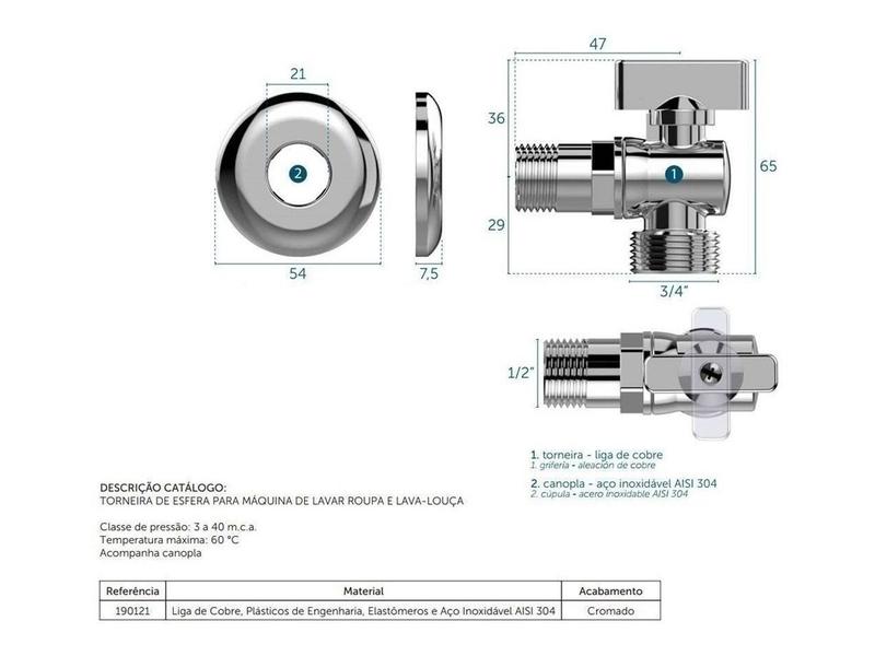 Imagem de Registro Torneira Esfera Maquina Lavar/Louça - Metal Cromado