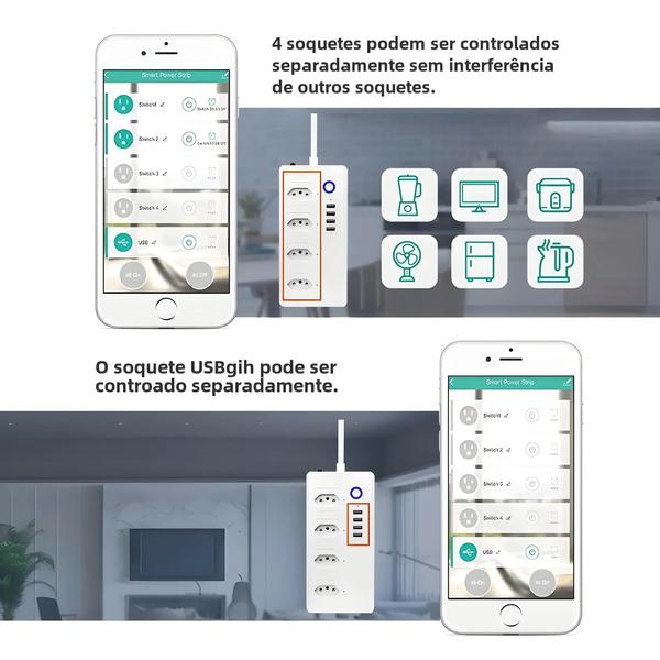 Imagem de Régua de Energia Inteligente com 4 Tomadas e 4 USB - Cabo de 1,5m e Protetor de Surtos