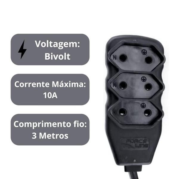 Imagem de Régua Extensão 3 Tomadas 10A Bivolt Fio 3 Metros - Force line