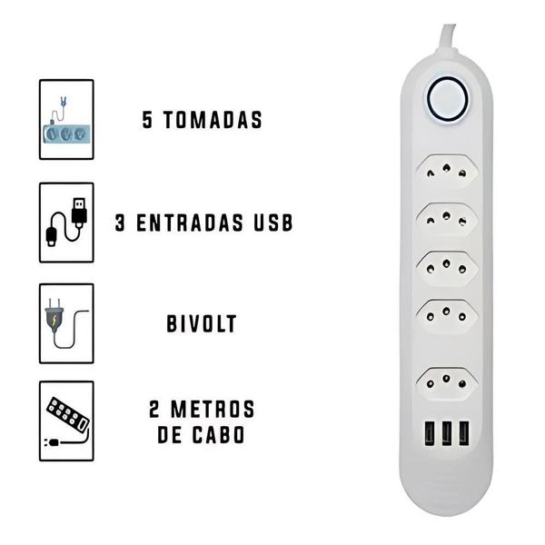 Imagem de Régua Extensão 5 Tomadas Cabo 2 Metros Com 3 Entradas Usb