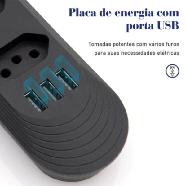 Imagem de Régua Extensão de 4 Tomadas 3 USB Bivolt Filtro de linha 1m