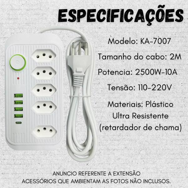 Imagem de Régua Extensão De Linha 5 Tomadas + 4 Usb E Usb-C Kapbom