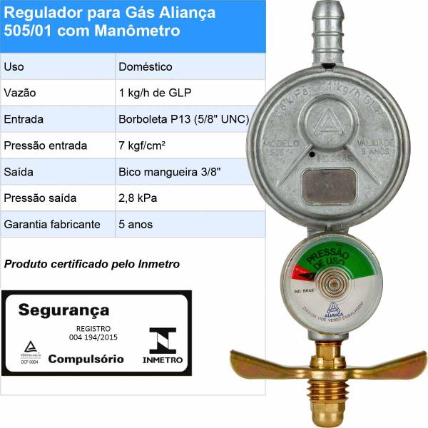 Imagem de Regulador Aliança 505/01 PEQUENO com Manômetro e Mangueira 0,80m