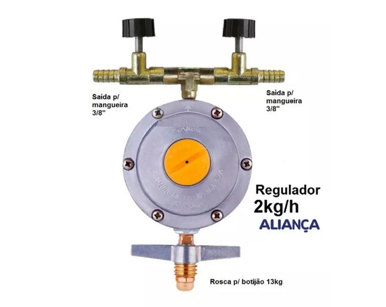 Regulador Com 2 Saídas Registros Aliança 2kg/h melhor vazão (81B) - ALIANÇA 2kg/h - DUPLO P/ MANG Imagem de Regulador Com 2 Saídas Registros Aliança 2kg/h melhor vazão (81B)
