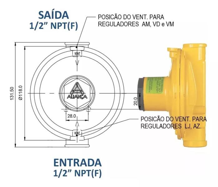 Imagem de Regulador De gás Aliança 76511 Amarelo 12kg/h 5 Bar