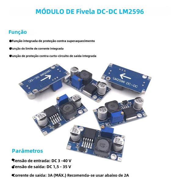 Regulador de Tensão DC-DC Ajustável LM2596 - Conversor Buck Step-Down Imagem de Regulador de Tensão DC-DC Ajustável LM2596 - Conversor Buck Step-Down
