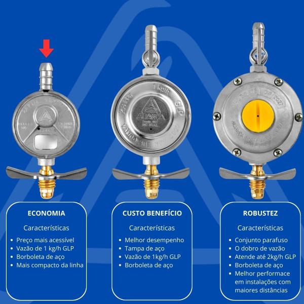 Imagem de Regulador Registro de Gás de Cozinha Blindado Vazão 1kg/h + Mangueira 1,2m Com Abraçadeiras  Aliança