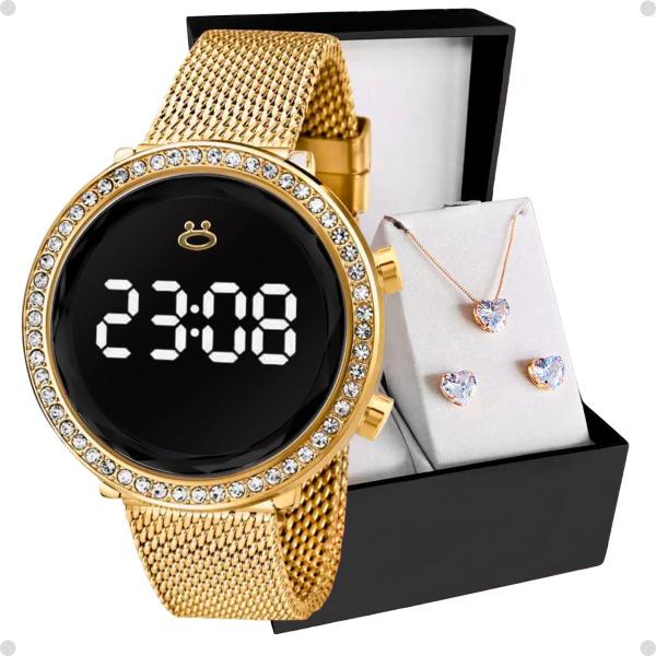 Imagem de Relogio aço digital feminino + colar brinco strass + caixa pulseira ajustável banhado social dourado