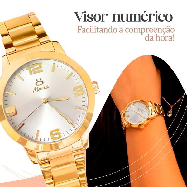 Imagem de relogio aço inox banhado feminino + colar brincos + caixa strass dourado presente inoxidável casual