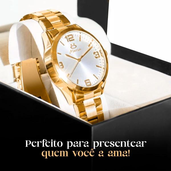 Imagem de relogio aço inox banhado feminino + colar brincos + caixa strass dourado presente inoxidável casual