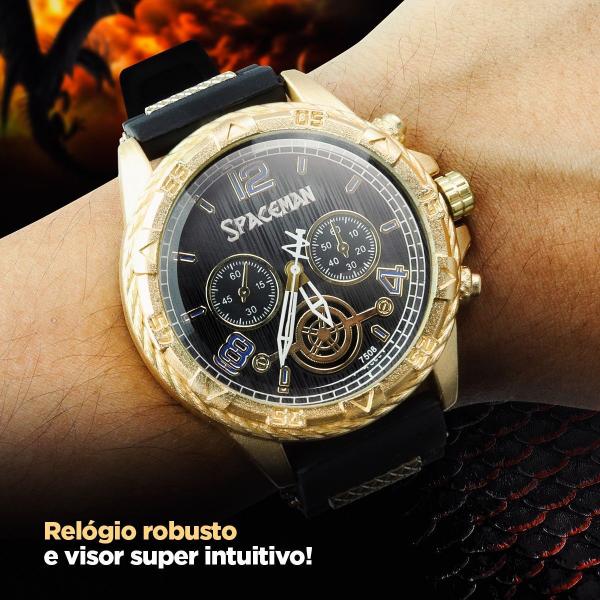 Imagem de Relogio aço inox dourado original masculino grande com pulseira ajustavel preta dragão  + caixa presente