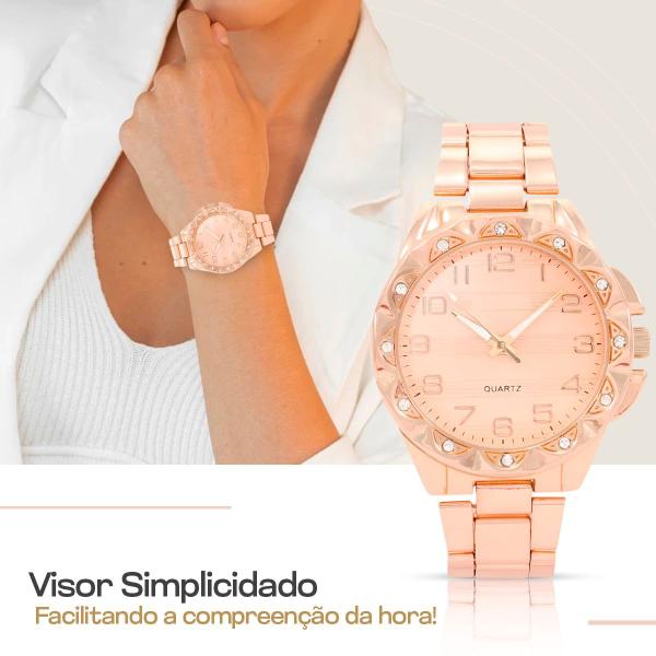 Imagem de Relogio Aço Inox Feminino Rose + Colar Brinco Strass + Caixa original qualidade premium social