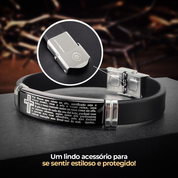 Imagem de Relogio aço inox masculino preto + caixa + pulseira pai nosso casual original presente ajustavel