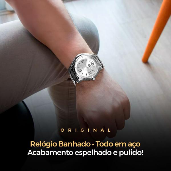 Imagem de Relogio aço inoxidavel prata + caixa + pulseira pesado social qualidade premium original casual