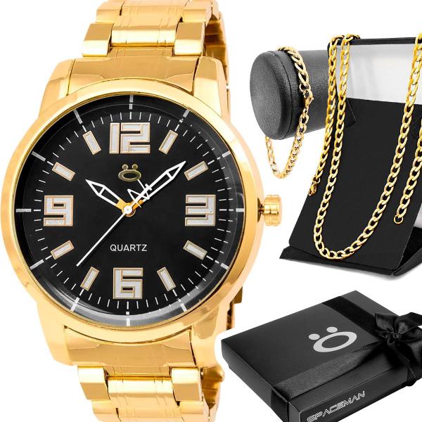 Imagem de Relogio aço masculino dourado + cordao + caixa + pulseira qualidade premium pesado robusto social