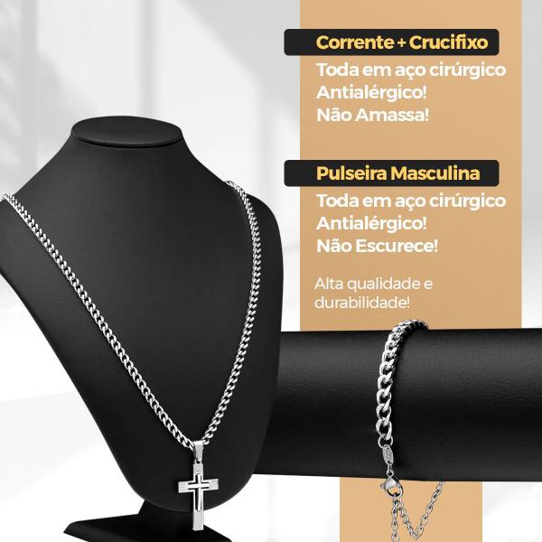 Imagem de relogio aço masculino + pulseira + cordão crucifixo + caixa presente pai nosso Ajustavel religioso