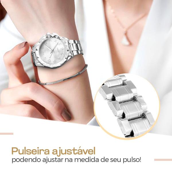 Imagem de relogio aço prata feminino + caixa + brincos strass colar inoxidável casual ponteiro original social