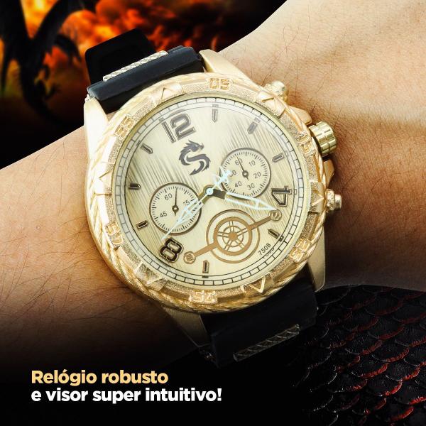 Imagem de Relógio Analógico Dragon Dourado e Preto Luxo + Colar e Pulseira Grummet Banhados - Presente Homem