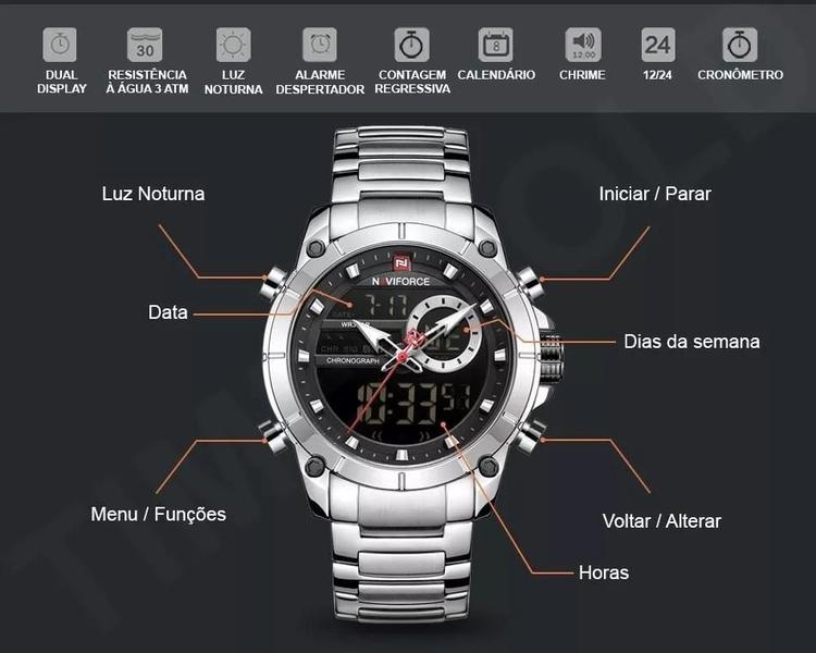 Imagem de Relógio Analógico e Digital Aço 44mm - Funções, Alarmes, Cronômetro