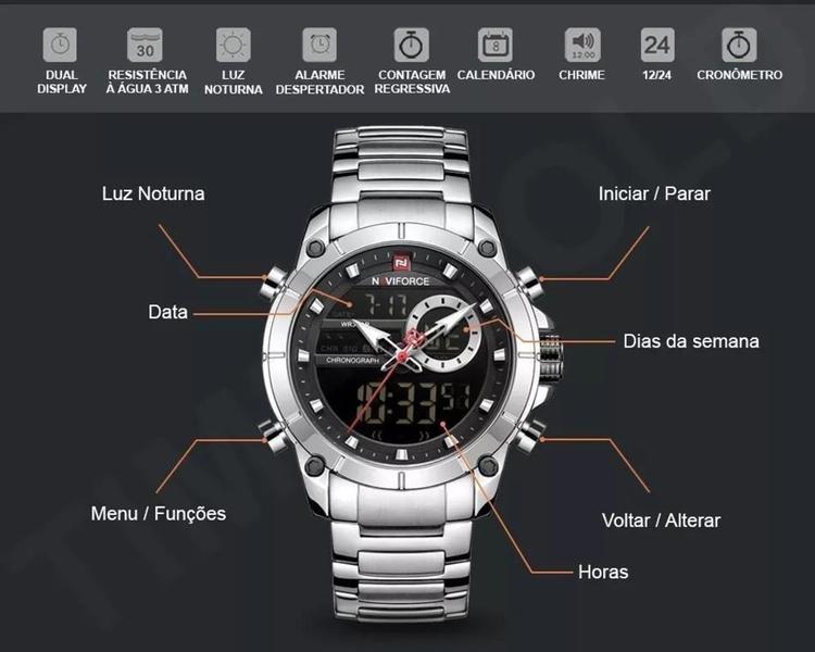 Imagem de Relógio Analógico e Digital Aço 44mm - Funções, Alarmes, Cronômetro - Naviforce