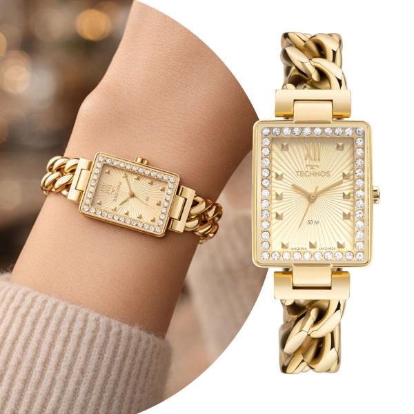Relógio Analógico Feminino Dourado Quadrado com Caixa e Pulseira de Aço Inoxidável e Pedras à Prova D Água Luxo Elegante Sofisticado Technos