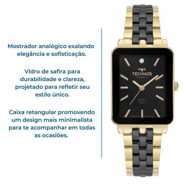 Imagem de Relógio Analógico Feminino Quadrado Ceramic Dourado Technos