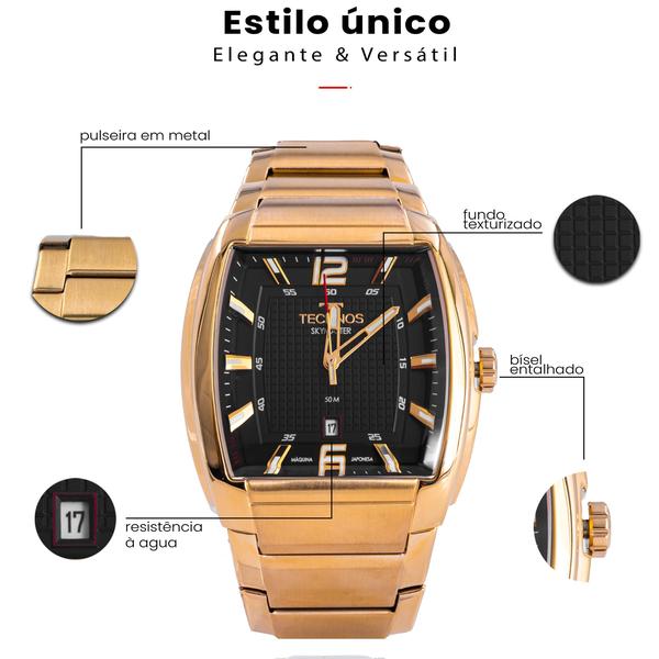 Imagem de Relógio Analógico Masculino Technos Skymaster Dourado Retangular Casual Original Prova D'água Garantia 1 ano 2115MWJ/1P