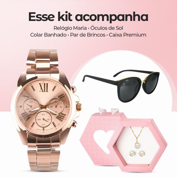 Imagem de Relogio banhado prova dagua + colar brinco + oculos + caixa social aço inoxidável presente casual