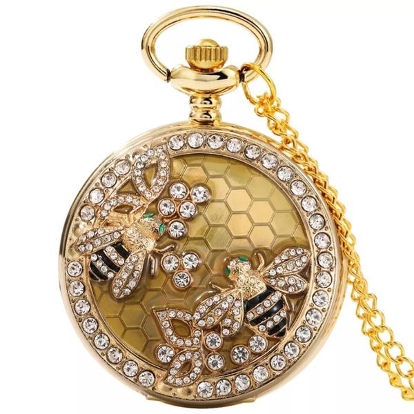 Imagem de Relógio Bolso Luxo Strass Colméia Abelhas Feminino Corrente