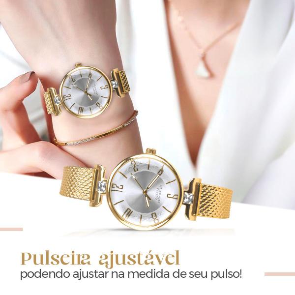 Imagem de Relogio caixa aço inox dourado feminino silicone banhado strass casual qualidade premium presente