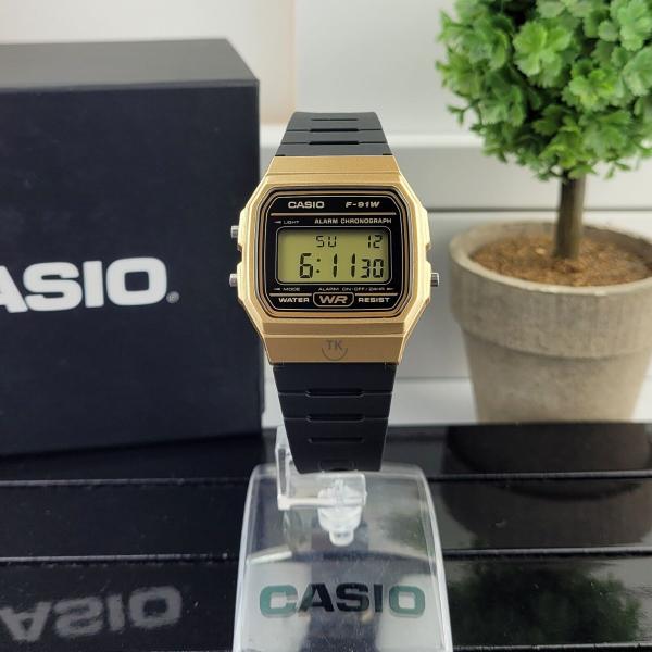 Imagem de Relógio Casio Masculino Feminino Unissex Digital Pequeno Quardrado Resistente Água Cronômetro Calendário Alarme Casual Dourado F-91WM-9ADF