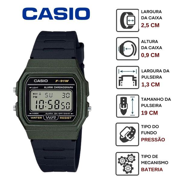 Imagem de Relógio Casio Masculino Feminino Unissex Digital Pequeno Quardrado Resistente Água Cronômetro Calendário Alarme Casual Verde F-91WM-3ADF