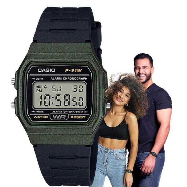 Imagem de Relógio Casio Masculino Feminino Unissex Digital Pequeno Quardrado Resistente Água Cronômetro Calendário Alarme Casual Verde F-91WM-3ADF