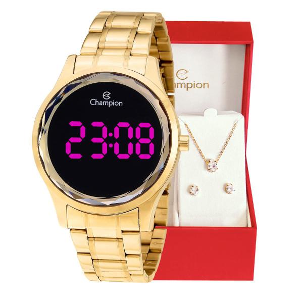 Imagem de Relógio Champion Feminino Digital Dourado CH48019H Colar e Brincos