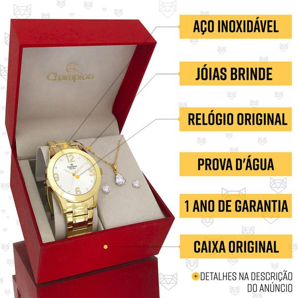 Imagem de Relógio Champion Feminino Dourado Branco Original 1 ano de garantia com colar e brincos