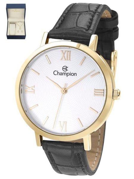 Imagem de Relógio Champion Feminino Dourado Clássico Pulseira de Couro Com Conjunto de Colar e Brinco CN24182W