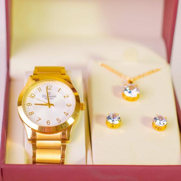 Imagem de Relógio Champion Feminino Dourado original Elegance a prova d'agua garantia + colar e brincos