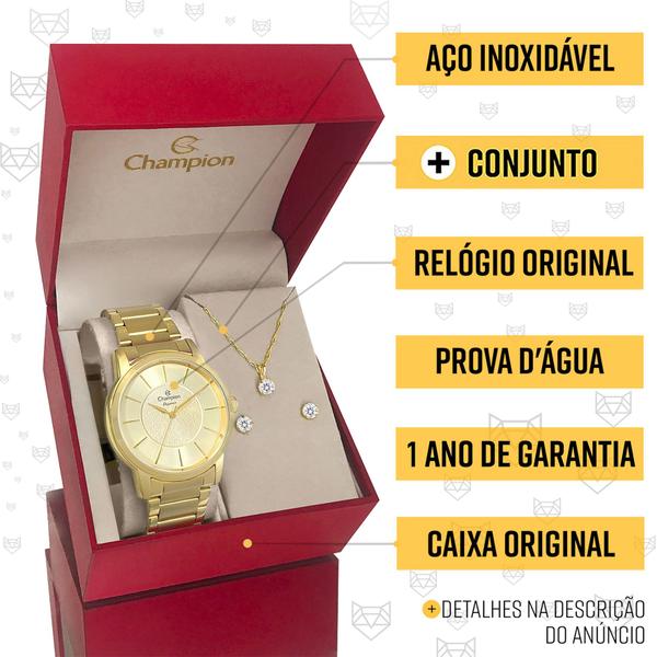 Imagem de Relógio Champion Feminino Dourado Prova d'água com 1 ano de garantia com colar e brincos