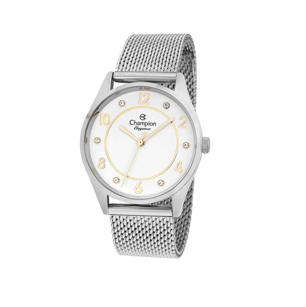 Imagem de Relógio Champion Feminino Elegance - Prata com Fundo Branco e Pulseira de Esteira