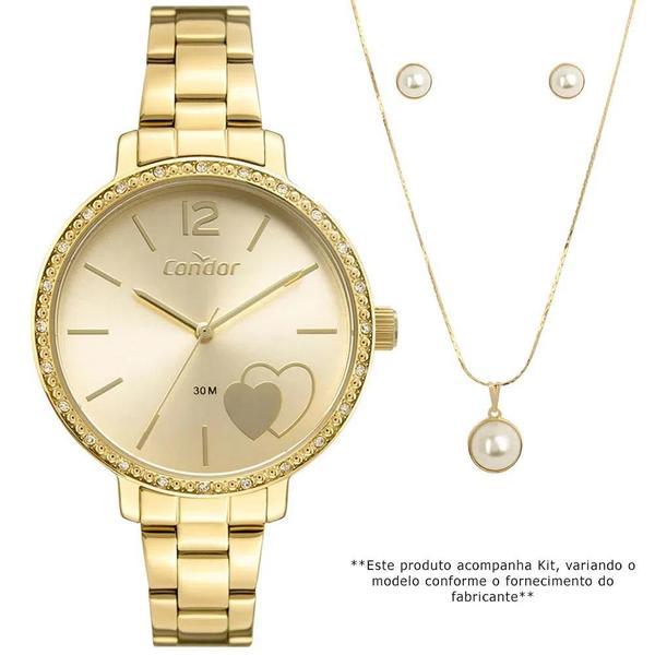 Imagem de Relógio Condor Feminino KIT - Dourado com Mostrador Bege Coração