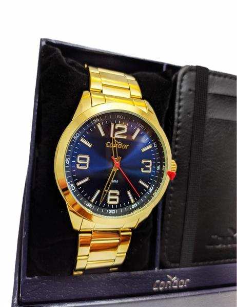 Imagem de Relógio condor masculino dourado e azul inox kit com porta cartão caixa presenteável