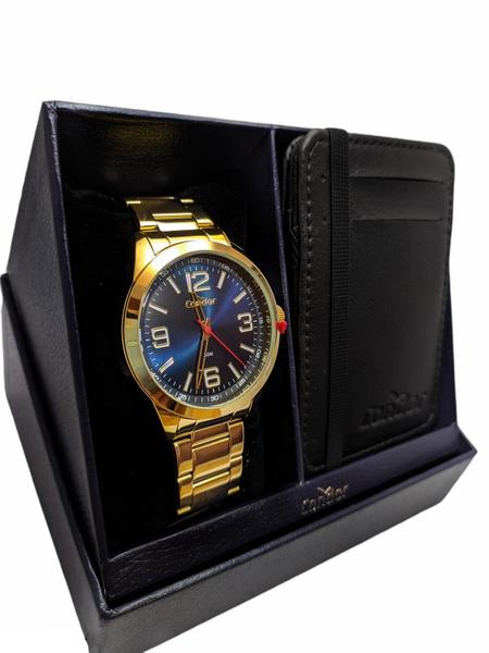 Imagem de Relógio condor masculino dourado e azul inox kit com porta cartão caixa presenteável