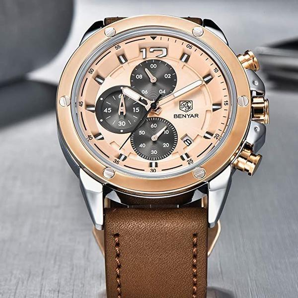 Imagem de Relógio cronógrafo masculino analógico BENYAR com pulseira de couro BY5165M, Brown Rose Gold