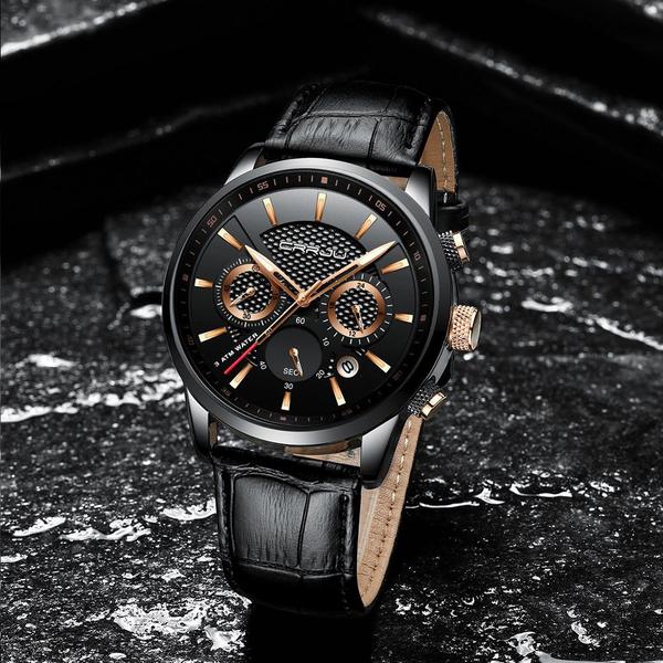 Imagem de Relógio CRRJU Men Fashion Casual Black Leather Chronograph 3